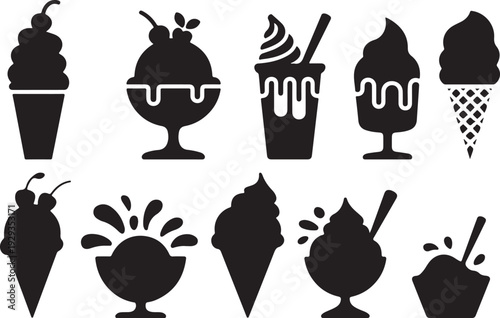 Collection of black silhouette ice cream desserts and cones isolated on transparent background vector