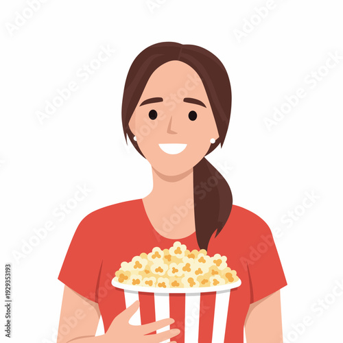 Woman eating popcorn happy female snacking.