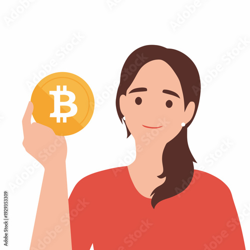 woman holding bitcoin cryptocurrency.
