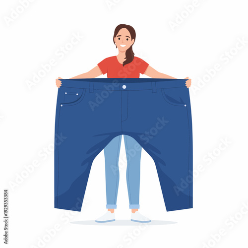 woman holding oversized blue jeans weight loss concept.