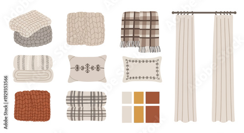Assorted home decor items including pillows, blankets, and curtains in various textures and patterns.