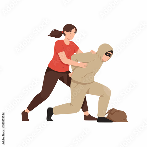 Woman catching masked robber security concept.