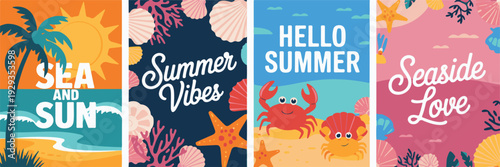 Sea and sun themed summer cards with beach elements, marine life and uplifting messages for seaside greetings