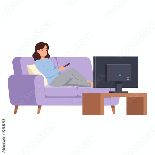 Woman relaxing on sofa watching TV with remote control.