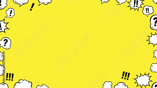 Vibrant yellow background featuring a dynamic pop art comic style frame, with speech bubbles, thought clouds, and punctuation, ideal for engaging graphic designs