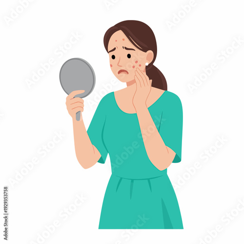Woman examining acne on her face in mirror.