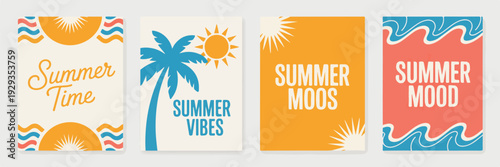 Summer time poster collection with sunny beach vibes palm trees ocean waves and cheerful sun graphics for season promotion