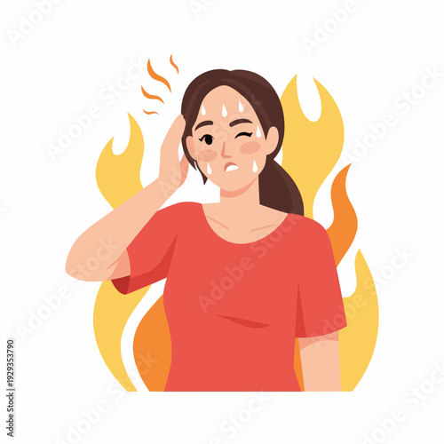 Woman suffering from hot flashes menopause symptoms heat stress.