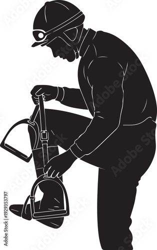 Jockey adjusting stirrup vector silhouette illustration, equestrian sport line art