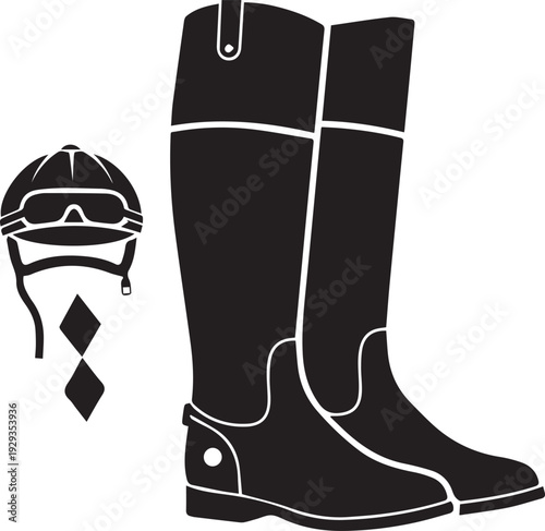 Professional equestrian riding gear silhouette with tall boots helmet and racing goggles