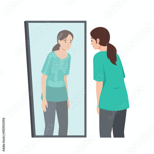 Woman with body dysmorphia looking in mirror distorted self image.