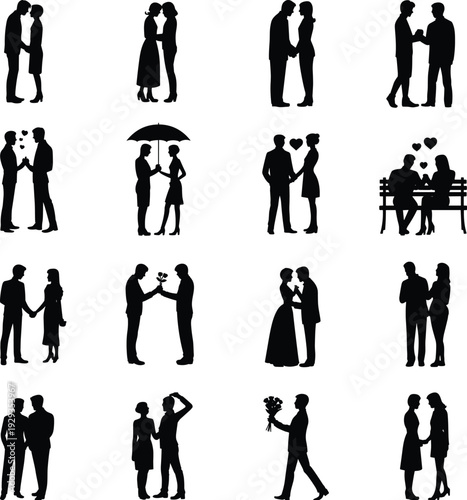 Romantic couples silhouette vector illustration showing affectionate poses including kissing, hugging, holding hands, and love gestures, perfect for relationship artwork