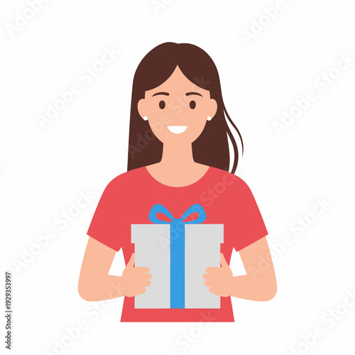 Woman holding present with blue ribbon.