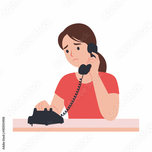 Upset woman talking on old rotary phone.