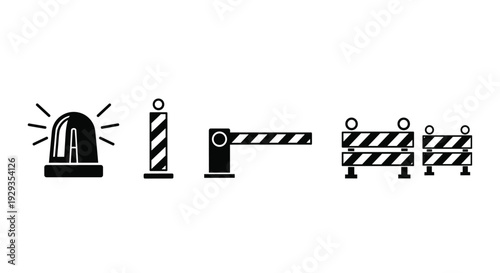 Isometric road construction safety equipment vector set with emergency light traffic barrier and striped bollard icons