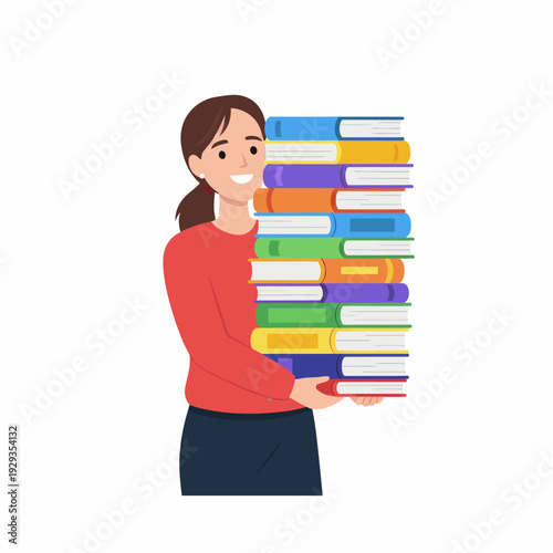 Woman holding stack of books female bookworm reading.