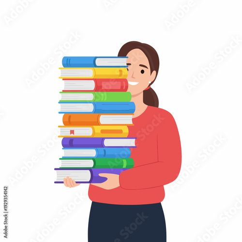 Woman holding stack of colorful books.