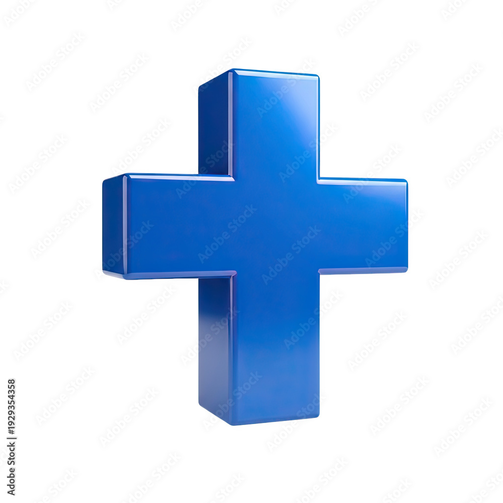 Obraz premium A vibrant blue three-dimensional plus sign symbol rendered with a glossy finish on a clean white background.