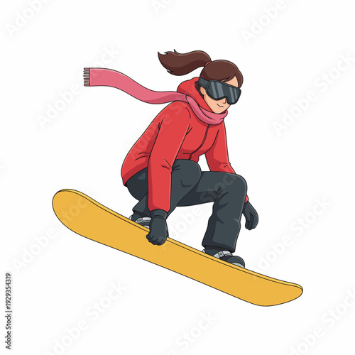 Snowboarder in red jacket carving down slope.