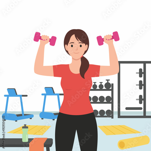 Woman exercising with dumbbells in gym.