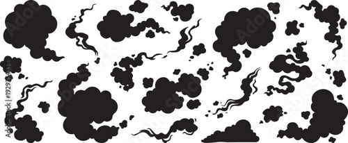 Abstract black smoke clouds and dust elements isolated on transparent background, atmospheric effects and pollution illustrations