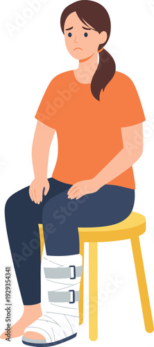 Woman with broken leg in cast sitting on stool.