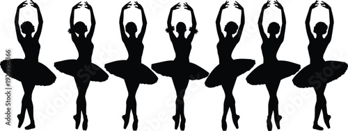 Row of ballerina silhouettes performing ballet dance in tutus for classical music theater performance and graceful artistic feminine expression concept.