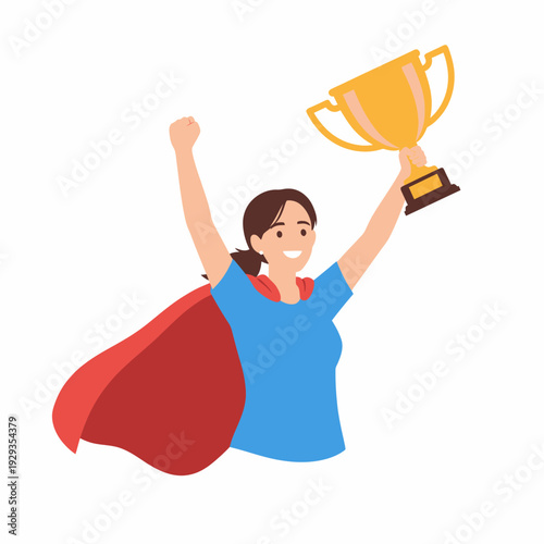Triumphant woman holding trophy winner champion success.