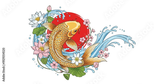 Golden Koi Fish, Lotus Flowers, Cherry Blossoms, and Water Splash - Japanese Art