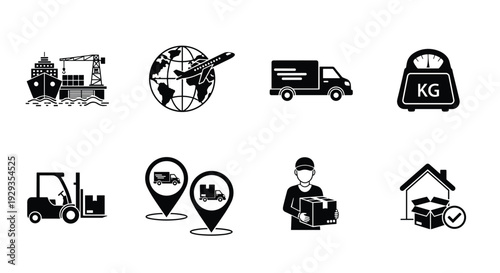 Logistics and shipping flat vector icon set with delivery truck cargo ship and courier characters for supply chain business
