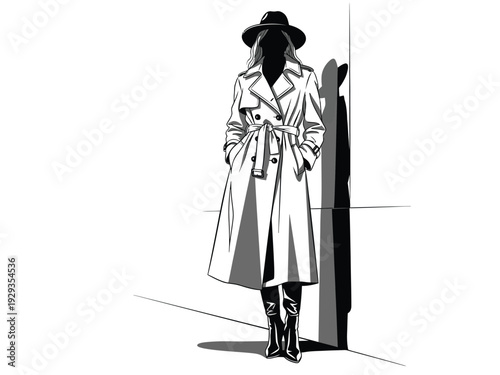 Fashionable Woman in Trench Coat and Hat Standing Against Wall.