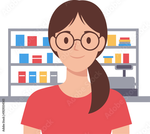 Woman shopkeeper smiling in store with products on shelves.