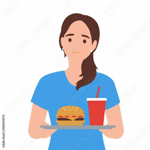 Waitress serving burger and drink.