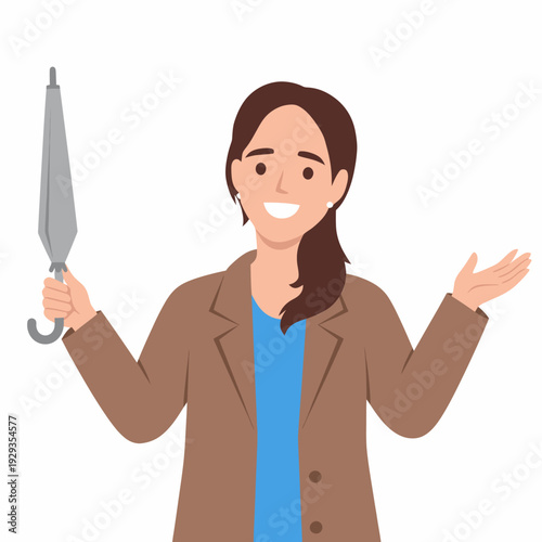 Woman holding umbrella smiling raincoat not needed.