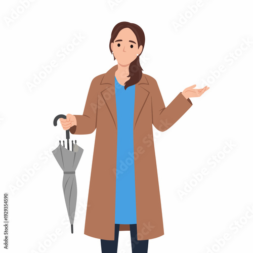 Woman holding umbrella gesturing confusion.