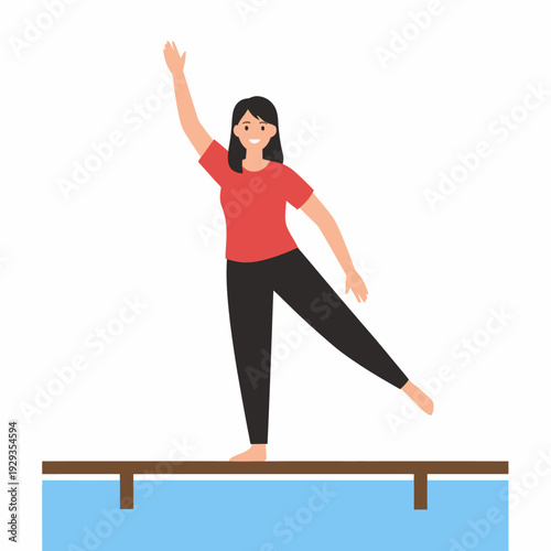 Young woman balancing on beam gymnastics pose balance skill.