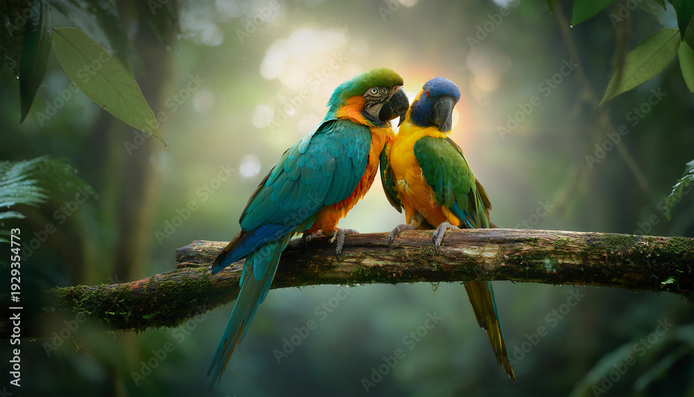 Obraz premium two colorful tropical birds sitting together on branch
