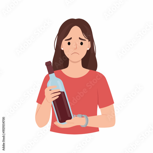 Sad woman holding wine bottle alcoholism concept.