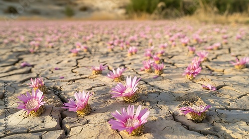 Vibrant pink strawflowers bloom in dry cracked earth symbolizing resilience and hope in arid desert landscape with natural sunlight
