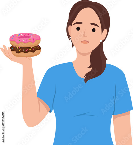 Woman holding donut sweet temptation unhealthy snack.