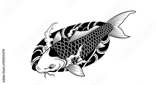 Japanese Koi Fish Tattoo Design with Swirling Water - Black and White Ink.