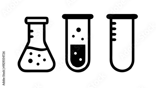 Chemical test tube pictogram icons set. Chemical lab equipment isolated on white. Experiment flasks for science experiment.