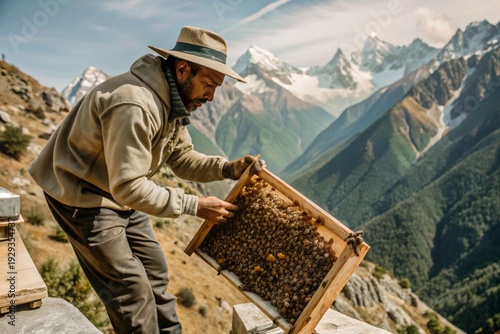 Traditional Honey Hunter Collecting Wild Honey from Cliff Beehive in Mountain Landscape