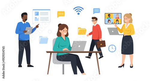 Diverse Business Team Collaborating Remotely with Digital Tools, Video Conferencing, Wi-Fi, and Document Management - Flat Vector Illustration