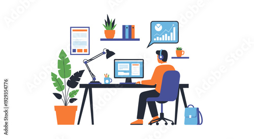 Remote Work Productivity Illustration: Person at Home Office Desk with Computer, Headphones, and Data Analysis Graph