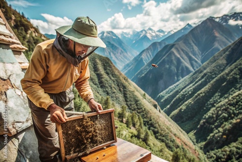 Traditional Honey Hunter Collecting Wild Honey from Cliff Beehive in Mountain Landscape