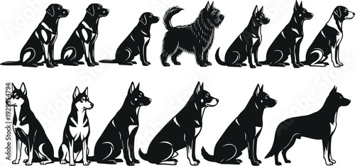 Set of black and white dog silhouettes in various breeds and sitting poses isolated on a clean white background vector