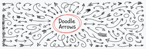 Collection of hand-drawn doodle arrows of various styles and directions, with a central text box.
