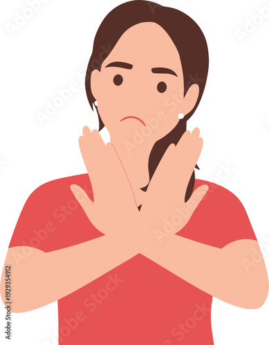 Woman showing refusal gesture with crossed hands.