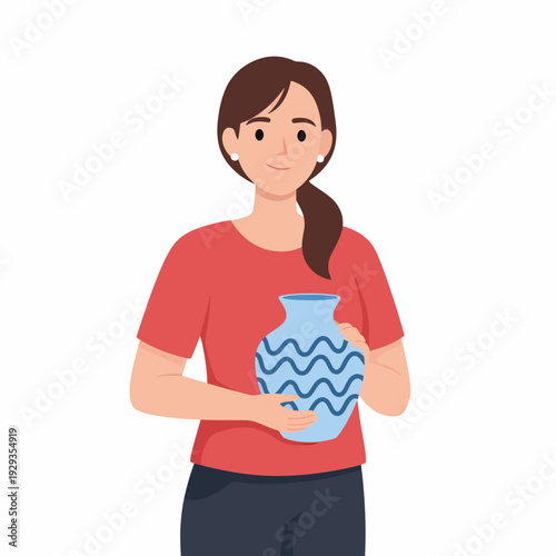 Woman holding ceramic vase pottery blue decoration.